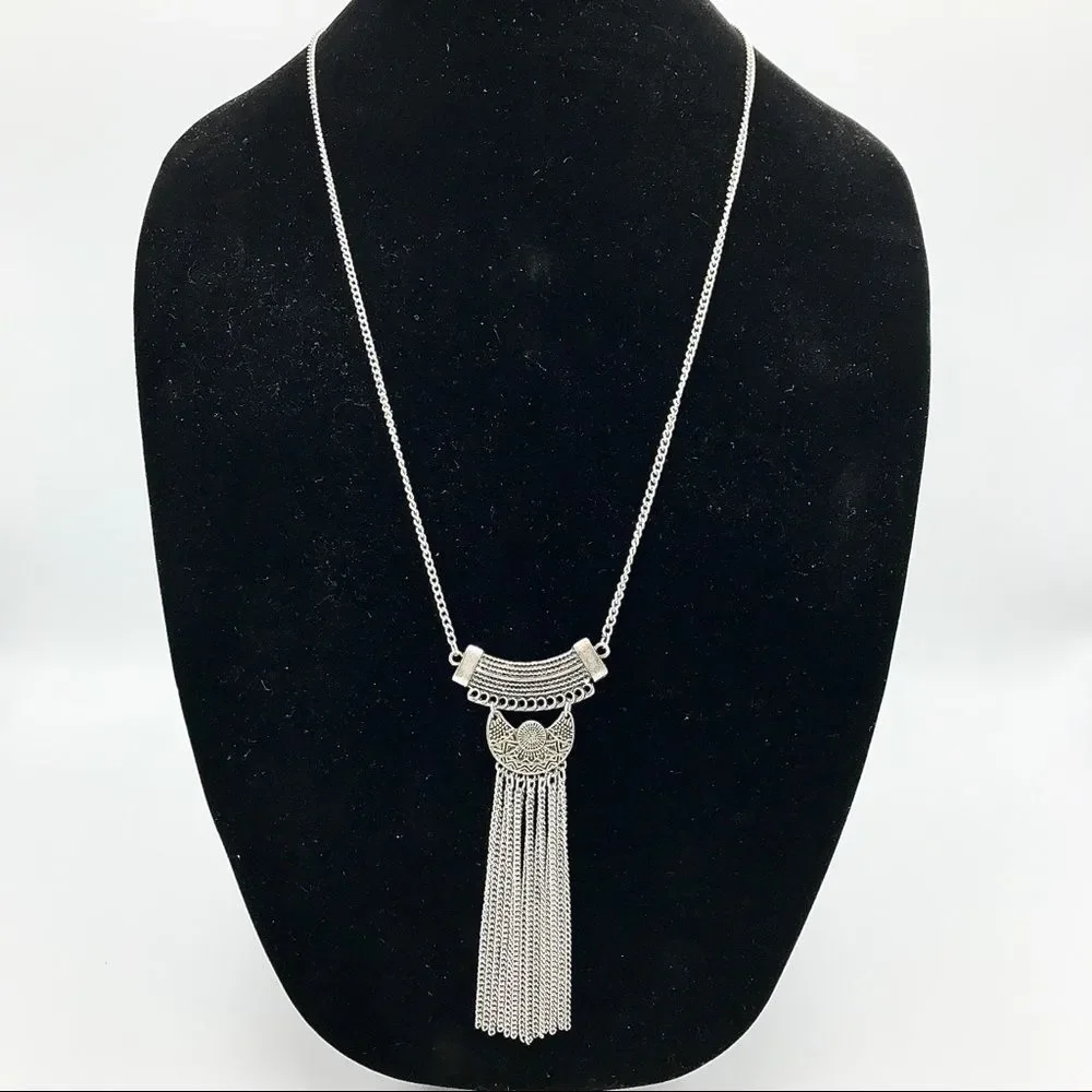 Western Silver tone Fringe Moon Metal Long Necklace Bohemian Southwestern